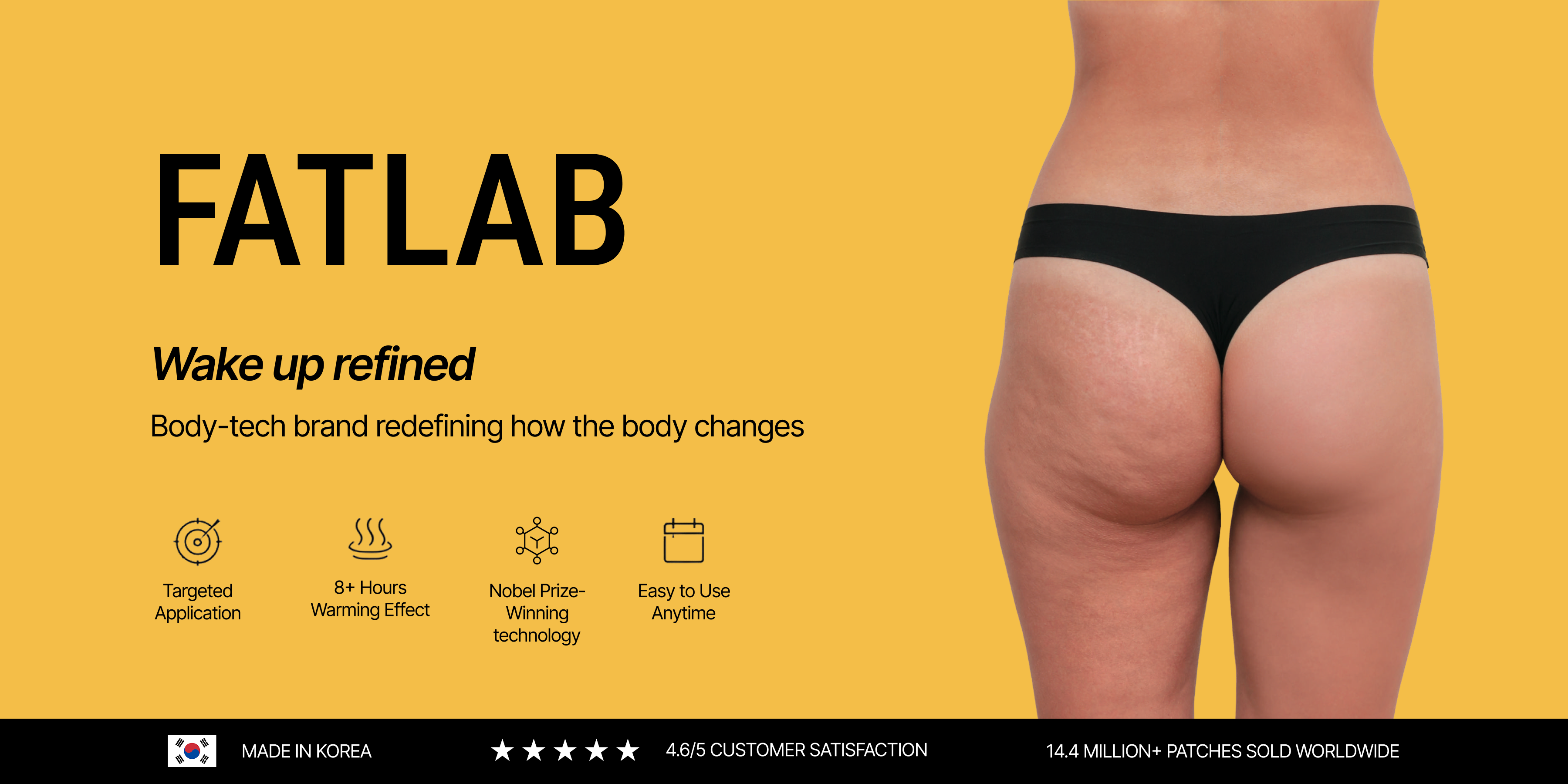 FATLAB body care patch for targeted body care with warming effect, Korean skincare technology, and smoother-looking, firmer-looking skin.