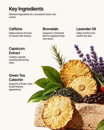 FATLAB body patch key ingredients including bromelain caffeine lavender oil green tea catechin and capsicum extract for warming body care and firmer-looking skin