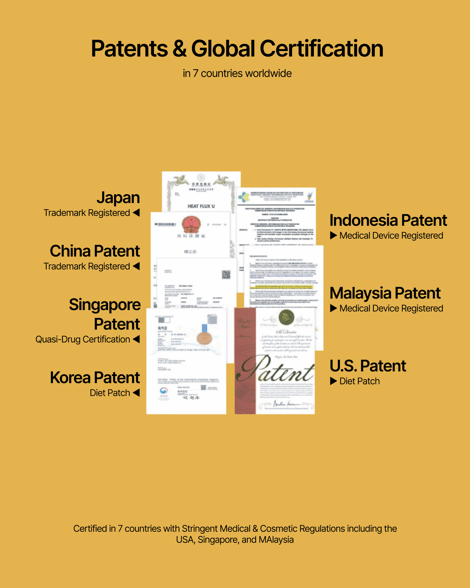 FATLAB body patch patents and global certifications registered in Korea United States Japan Singapore Malaysia Indonesia and China
